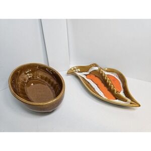 Signed Pottery Lot (2) Ashtray & Oval Dish - Brown